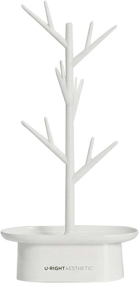 SnelShoppen - Witte sieradenstandaard met boomvorm en opbergdoos, hangende organizer voor halskettingen, ringen, oorbellen - Compact en veelzijdig bur