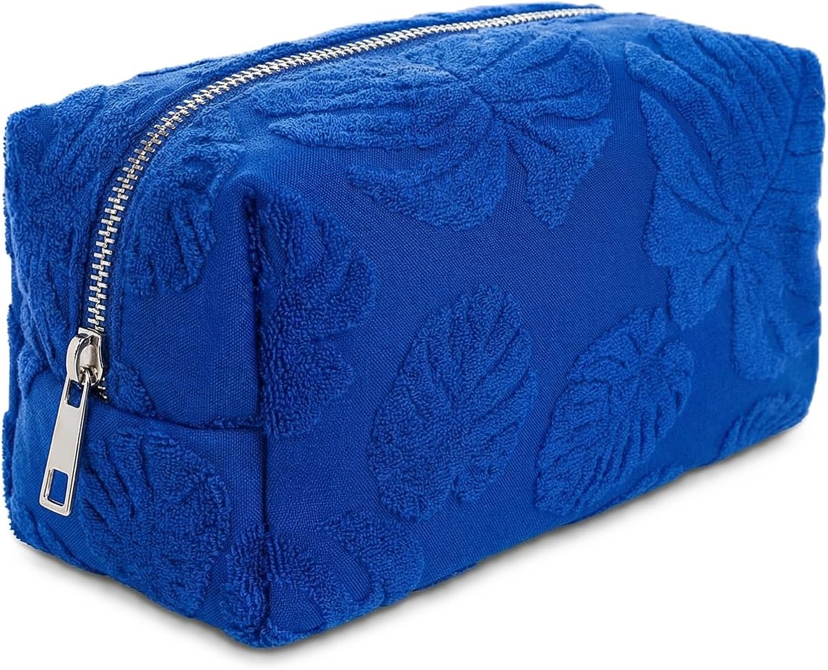 Thijox - Cosmetische tas dames, grote bladeren, tropische toilettas, zachte make-uptas, reisorganizer, vakantie, beautycase, donkerblauw, brede openin