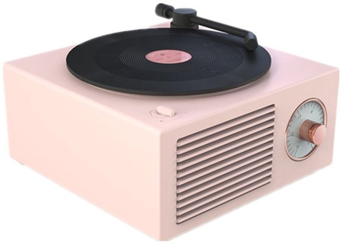 Deze retro-klassieke lichtroze Bluetooth-speaker heeft een klassiek ontwerp voor een platenspeler en is een leuk cadeau voor meisjes. Hij beschikt over een verbeterde bas en een luid volume.