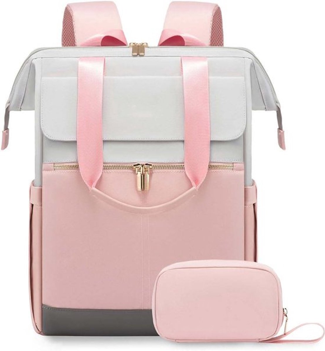 15 inch laptoprugzak met laptopvak, waterdichte damesrugzak, grote handgreep, moderne schooltas voor op reis, vakantie, kantoor - lichtgrijs met roze