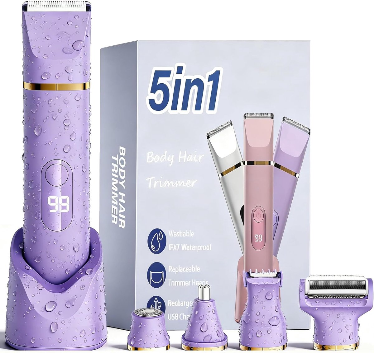 SnelShoppen - 5-in-1 Damesscheerapparaat met LED-display, Elektrische Intiemscheerder voor Vrouwen, Waterdichte Bikini Trimmer voor Lichaam & Intieme