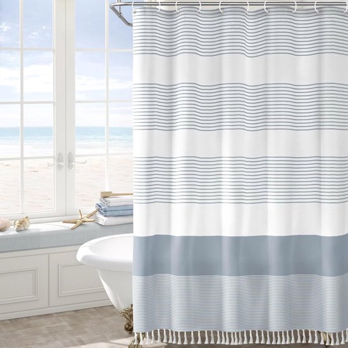Blauw douchegordijn met strand, oceaan, kust, nautisch douchegordijn voor badkamer, gestreept, kwastje, 72 x 72 inch, katoen