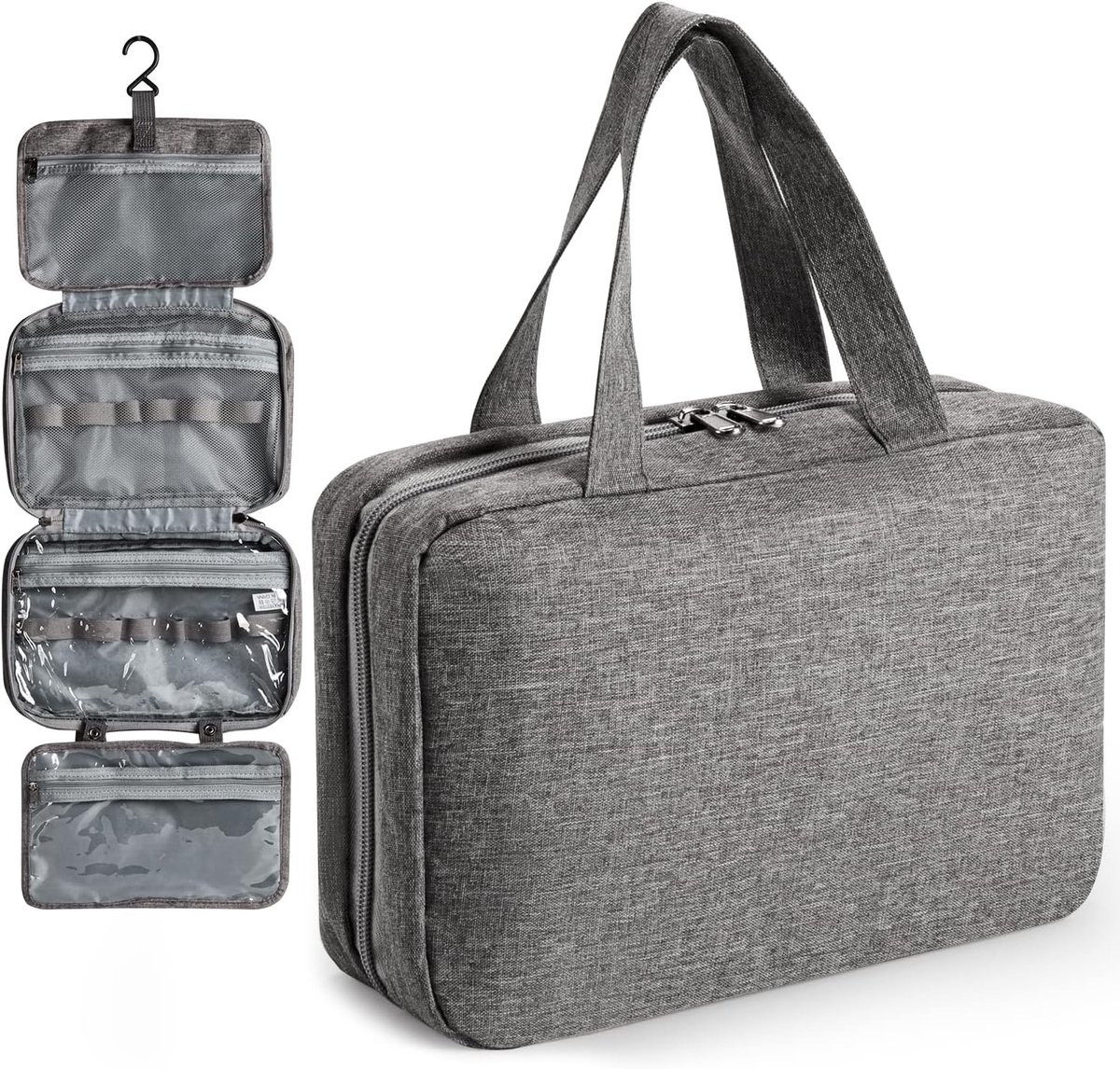 Thijox - Toilettas Cosmetische Zak Draagbare Oxford Doek Make-Up Organizer met Haak, Grijs - Ideaal voor Reizen, Camping, en Dagelijks Gebruik
