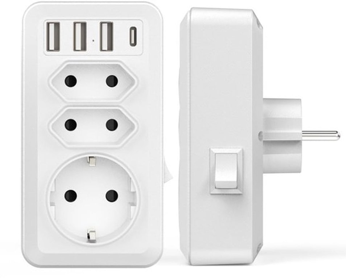 USB-stekkerdoos met meerdere aansluitingen, 7-in-1 USB-wandlader met 3 stopcontacten (16 A, 3800 W), 3 USB-poorten 5 V/3,4 A, 1 Type-C-poort