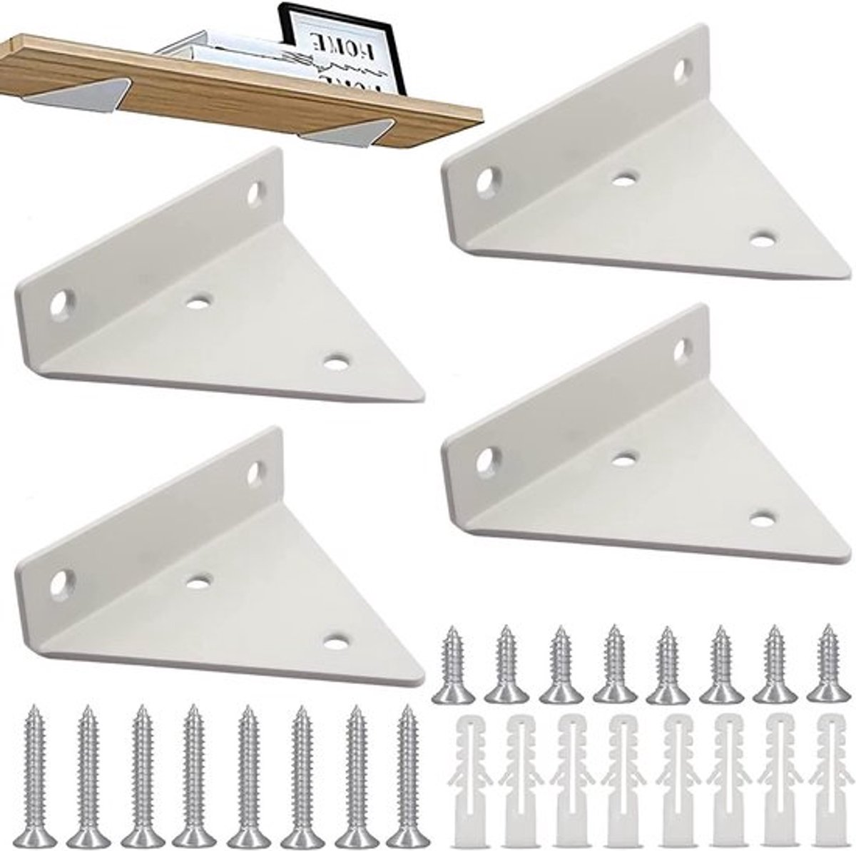 4 stuks - Plankdragers - 10*8 cm - Wandgemonteerde zwevende beugel - Verborgen plankdrager - metalen plankbeugels - driehoekige plankbeugel - met schroeven - onzichtbare plankbeugel - voor woonkamer, badkamer en slaapkamerinrichting - wit