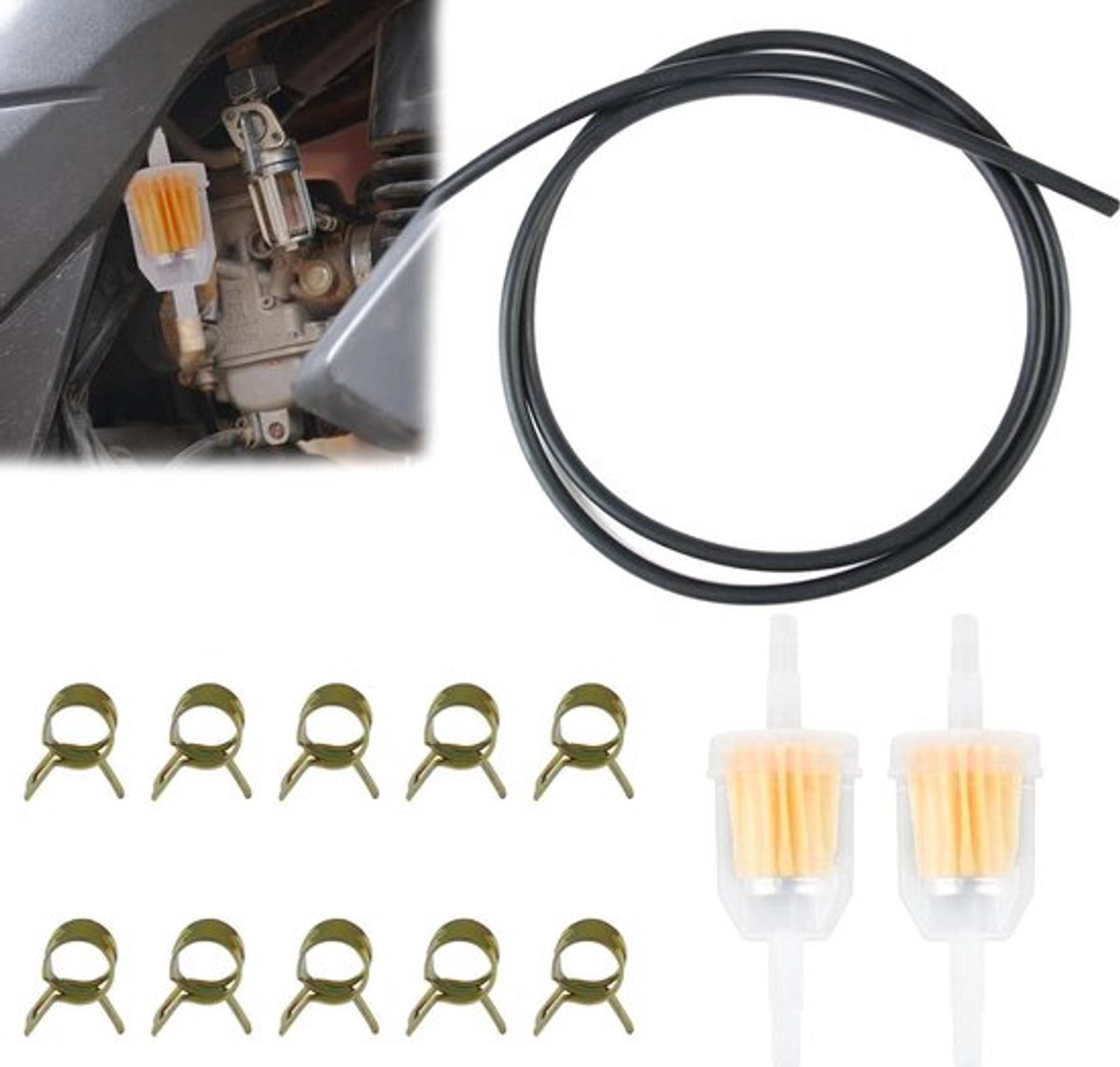 Benzineslang set - 2 meter Ø 8 mm brandstofleiding met filters en klemmen voor auto en motorfiets .