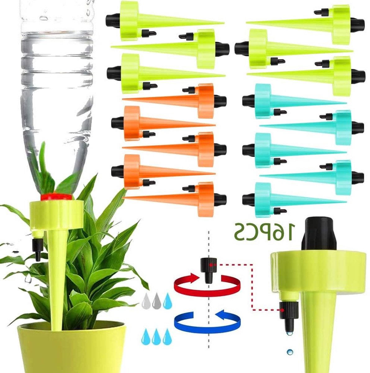 Automatische Bewatering - Druppelirrigatie Set - Planten Verzorgen - Instelbare Snelheid - 16 Stuks - Oranje Blauw Groen