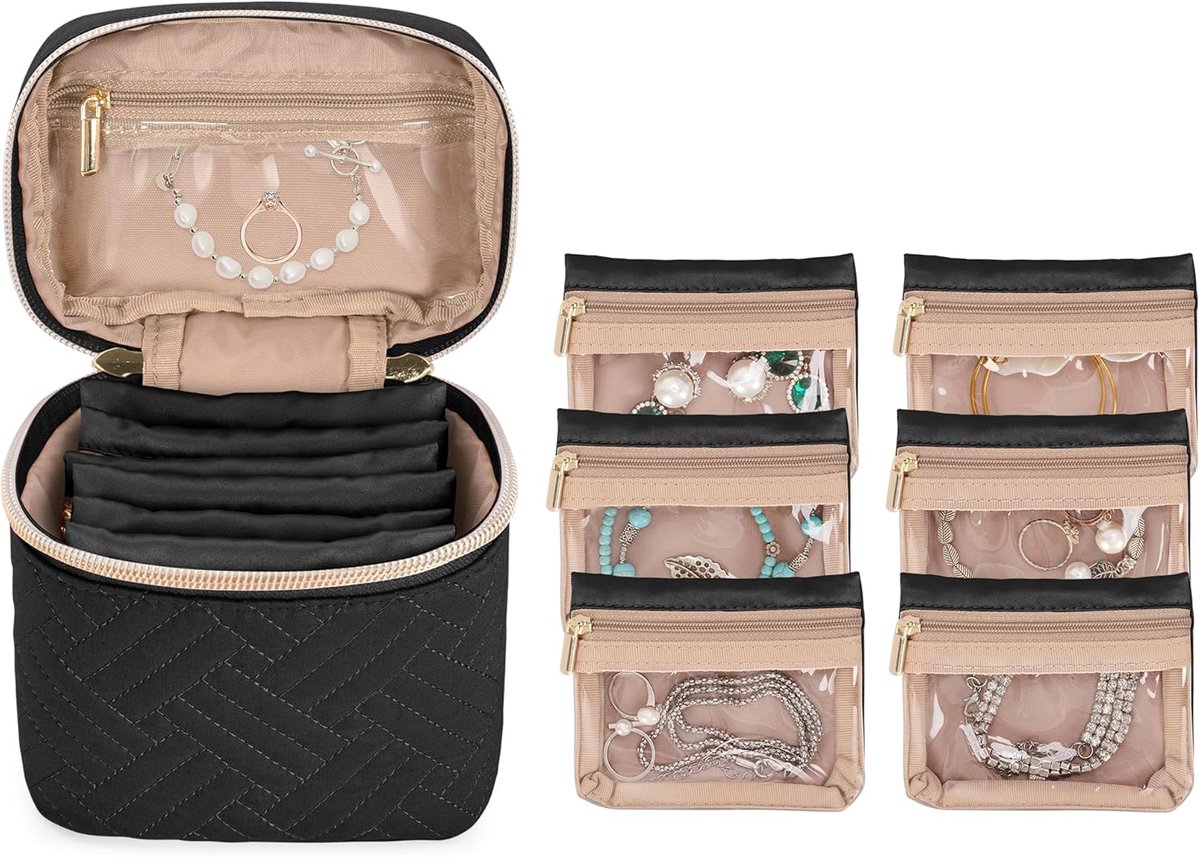 SnelShoppen - Teamoy Reis Jewelry Organizer - Draagbare Sieraden Tas met 6 Zipper Vakken - Grote Capaciteit voor Kettingen, Armbanden, Oorbellen, Ring