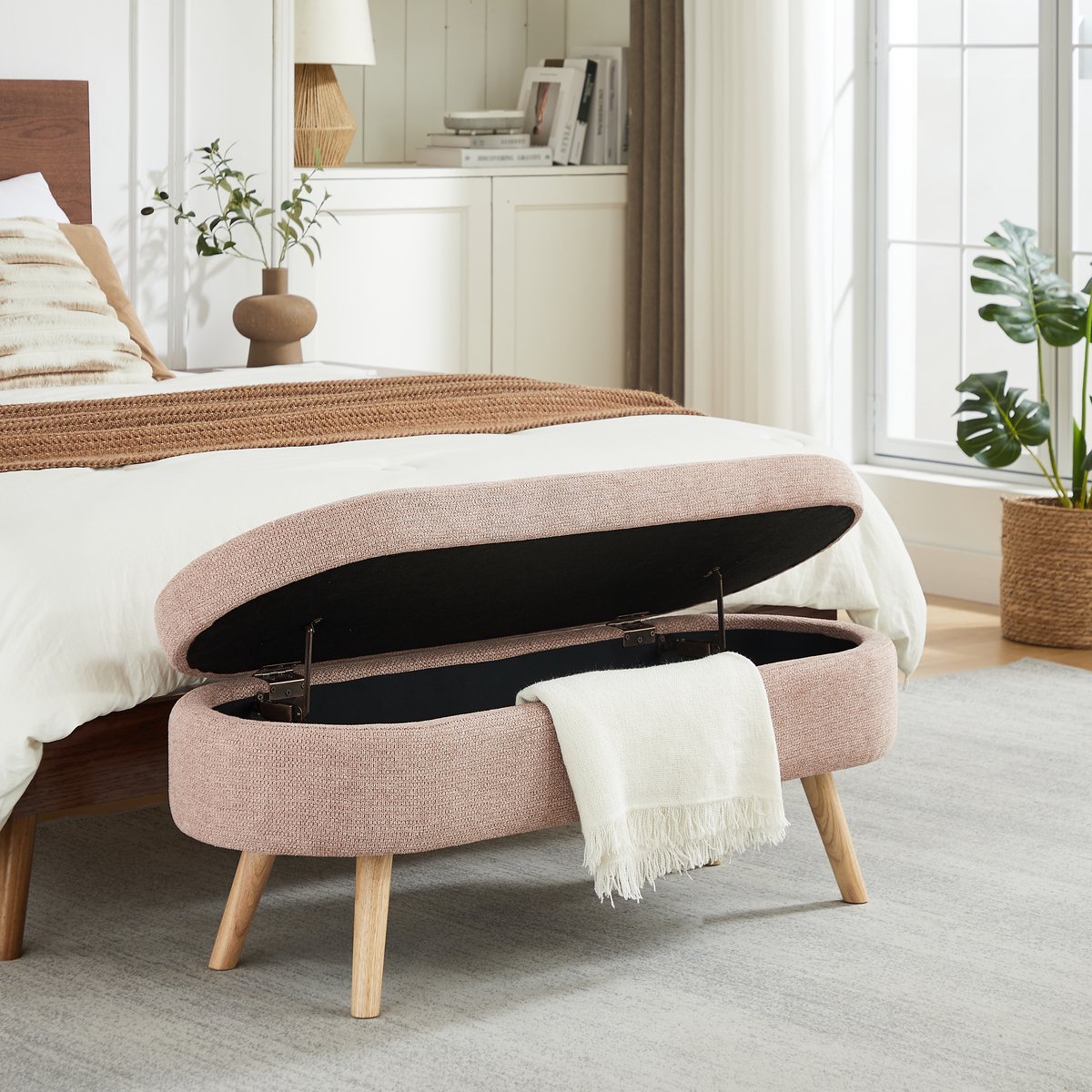 FloraGrace Bankje 110 cm – Met Opbergruimte en Ventilatieopeningen – Voor Hal, Slaapkamer of Woonkamer – Fluweel en MDF – Roze