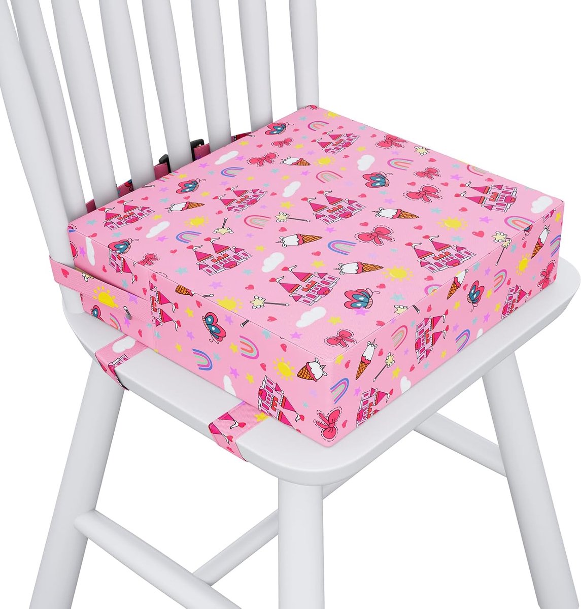 SnelShoppen - Capslpad Booster Seat voor Kinderen, 32x32x10 cm, Draagbare Niet-Slip Kinderstoel, Afneembare Wasbare Zitkussen met 3 Veilige Gordels, I