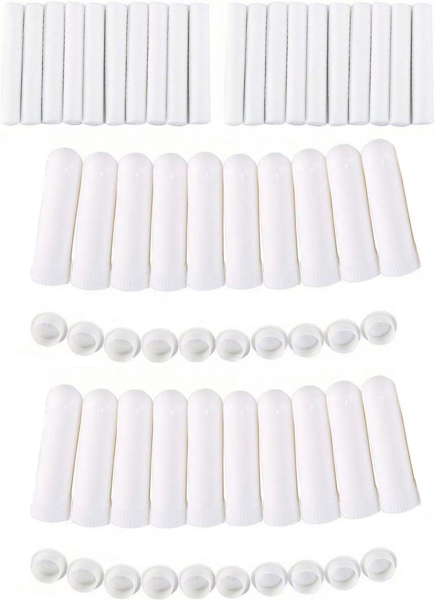 SnelShoppen - Pack van 20 Herbruikbare Aromatherapie Neusinhalatoren met Katoenen Wick, 6.5 cm, Wit, Ideaal voor Ontspanning en Wellness