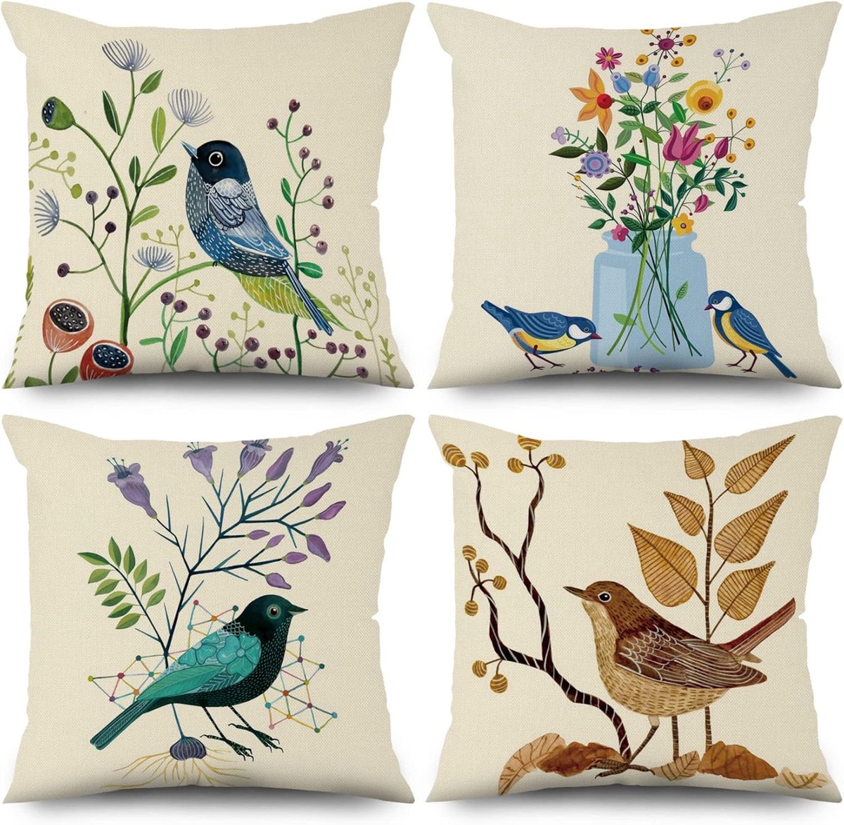 SnelShoppen - Set van 4 Decoratieve Kussenslopen 40 x 40 cm - Bloemen en Vogels Patroon - Beige - Wasbare Polyester - Ideaal voor Sofa, Tuin, Kinderen