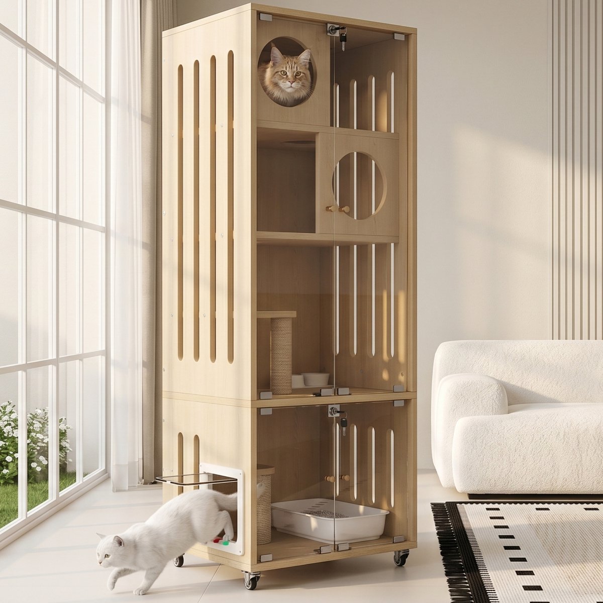Kattenvilla Glazen kattenhuis op wielen - Met slot en sleutel - Met kattenluik - Mobiel verplaatsbaar - Natuurhoutkleur - 60x50x156 cm