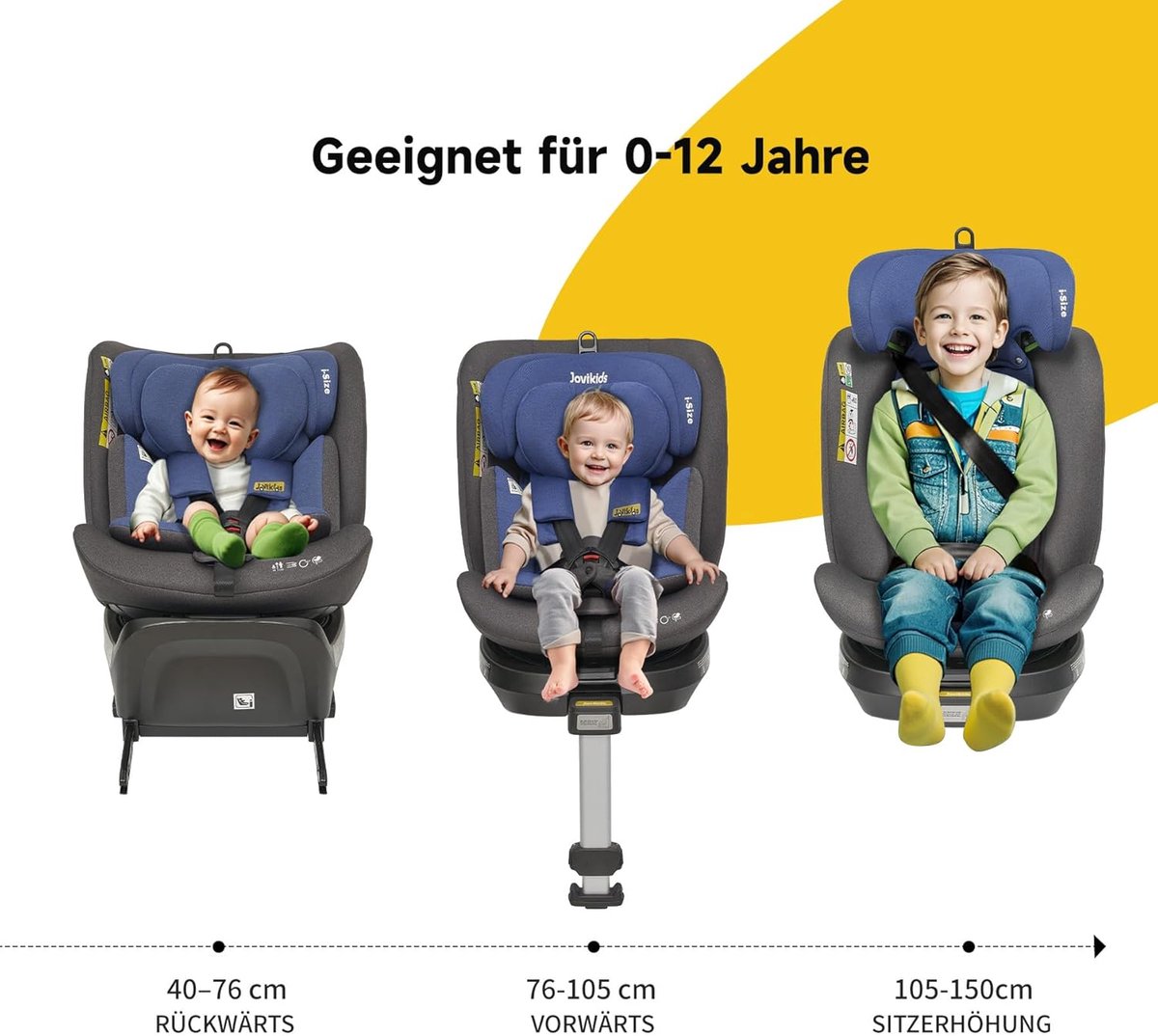 MIVRAY Autostoeltje – 360 Graden Draaibaar en i Size – 40-150 cm – Textiel, Polypropyleen en Roestvrij Staal – Blauw – Met Isofix, Slaapstand en Zonnekap