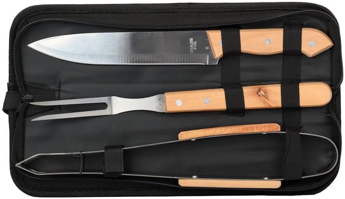 SnelShoppen - BBQ Tools SET 4 delig in Draagtas - Barbecue Accessoires - RVS Grill Gereedschap - Tangen, Spatel, Vleesvork - Perfect voor Tuin, Campin