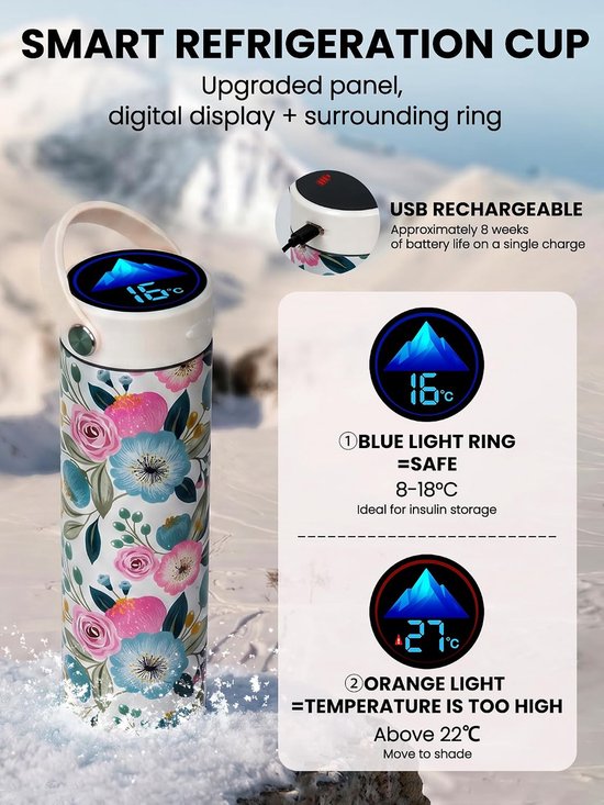 SnelShoppen - Elektrische Insuline Koelbox - Oplaadbare Koeltas met USB - Medische Koelbox voor Diabetici - Instelbare Temperatuur - A_wit met Bloemen van Snelshoppen — afbeelding 2