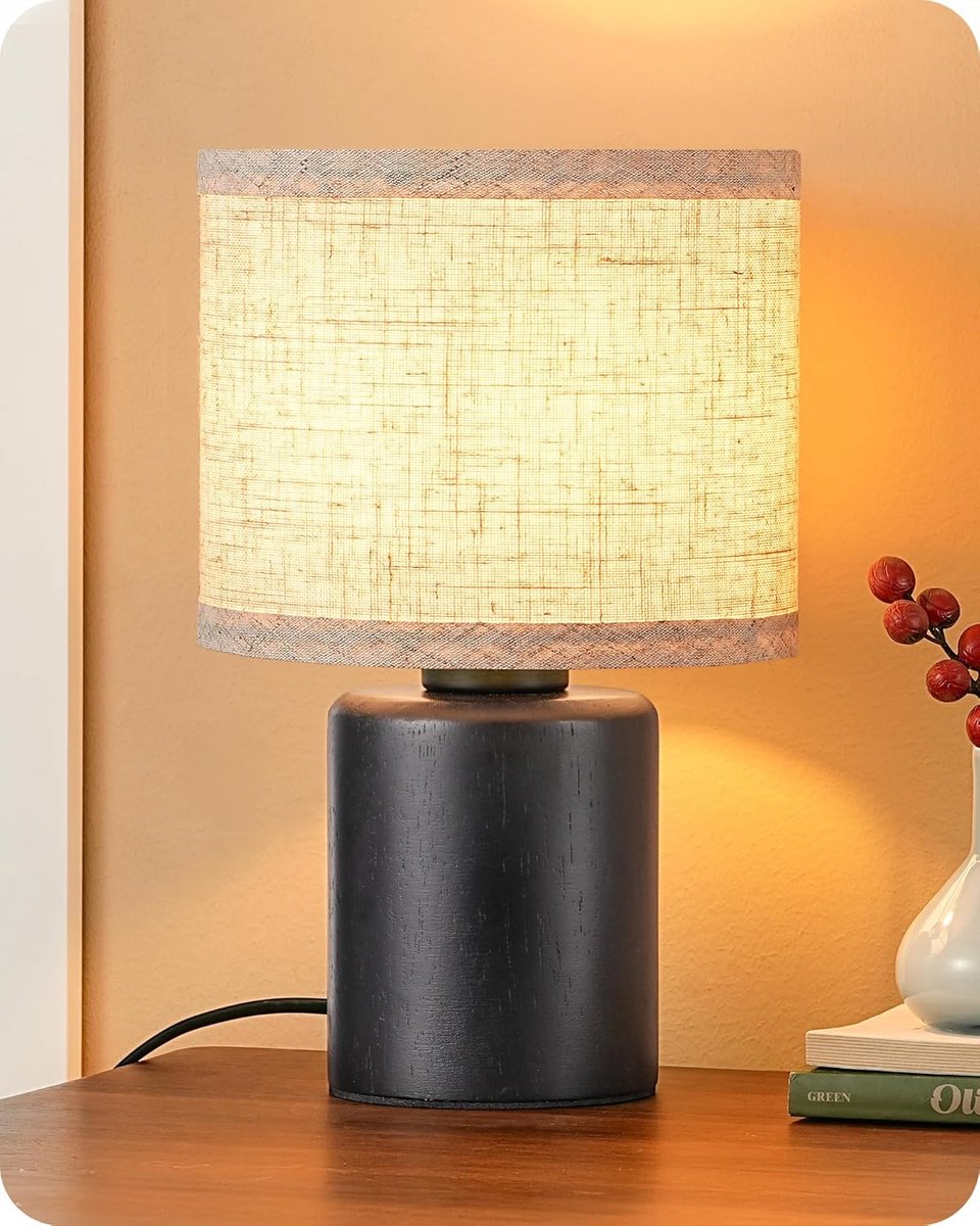 SnelShoppen - Tischlampe met E27 Fitting, LED Nachttischlamp met Zwart Houten Basis & Sandkleurige Leinen Lampenkap, 30 cm Hoog voor Slaapkamer en Woo