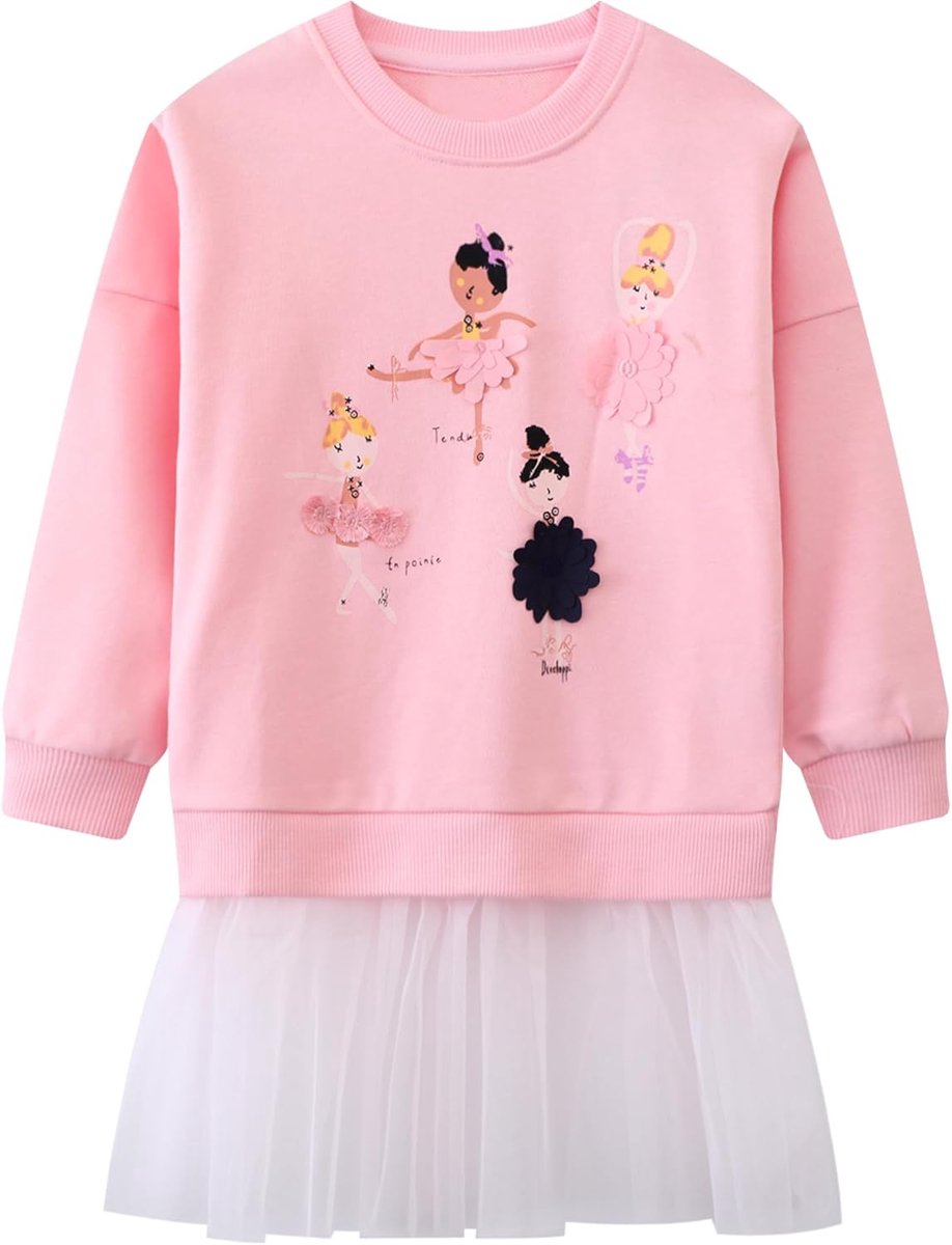 SnelShoppen - Meisjessweatshirt Katoen Zacht Shirt met Lange Mouwen Borduursel Casual Sport Trui voor Kinderen 2-7 Jaar Maat 92-122 Roze/Paarse Dieren