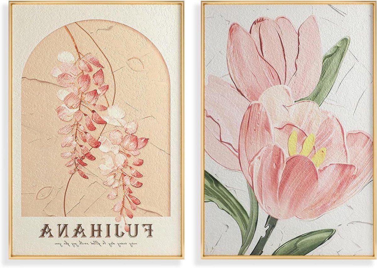 Ingelijste wanddecoratie - Bloemen schilderijen - Woonkamer verfraaien - Set van twee - 60x40 cm - Meerkleurig