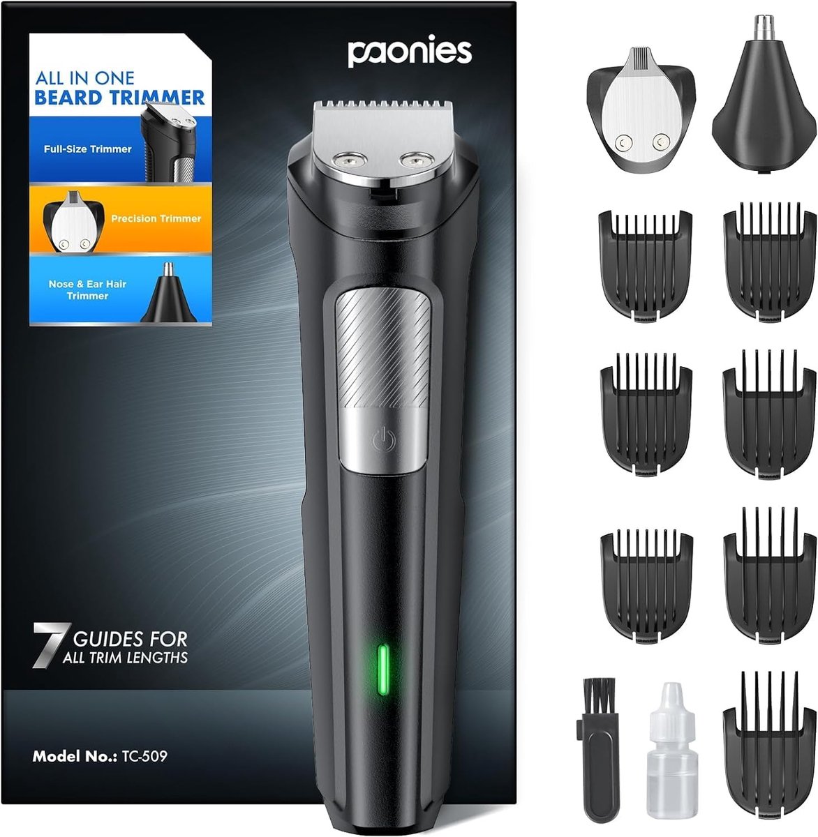 Thijox - Baardtrimmer voor Heren, Draadloos, Waterdicht, USB Oplaadbaar, All-in-1 Baard- en Neushaartrimmer met 7 Opzetkammen en Ultrascherpe Kling