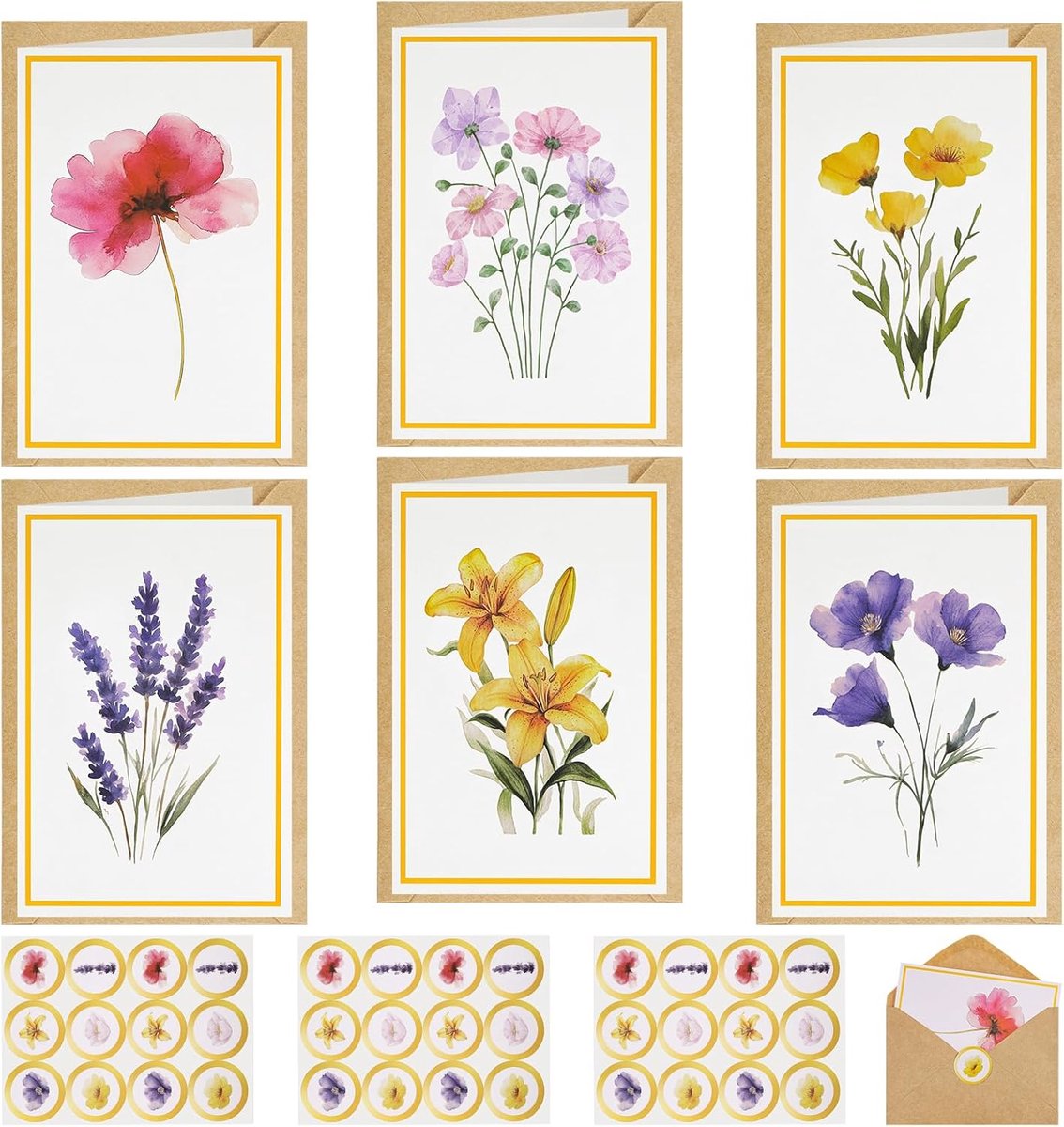Thijox - 36 Wenskaarten Set met Aquarelbloemen, Vouwkaarten met Enveloppen en Stickers, Blanco Kaarten voor Verjaardag, Bruiloft, Bedankjes en Feestda