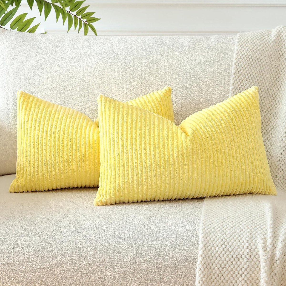 SnelShoppen - Decoratieve Corduroy Kussenhoezen Set van 2 - Striped Boho Kussen 40x60cm - Geel - Zachte Kussens Voor Sofa en Slaapkamer
