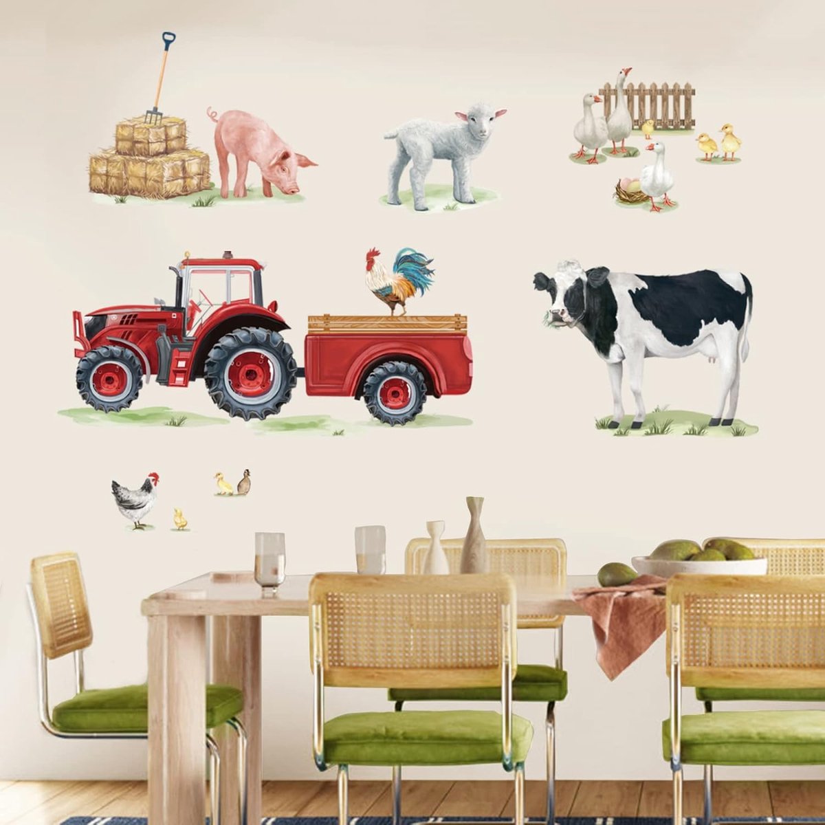 SnelShoppen - Wandsticker Boerderij Kinderen Kamer Tractor Rode Koe Schapen Muurdecoratie PVC Waterdicht Voor Keuken Woonkamer Eetkamer
