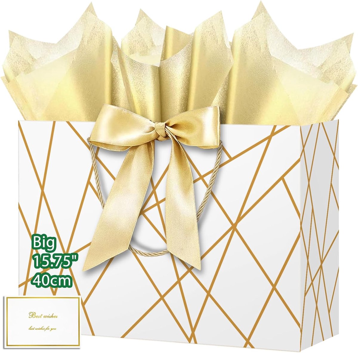 SnelShoppen - Extra Grote Cadeautas 15.75'' - Papieren Geschenkzak met Handgrepen, Tissue Papier en Cadeaubon - Bruiloft, Kerst, Verjaardag - 40x30x12