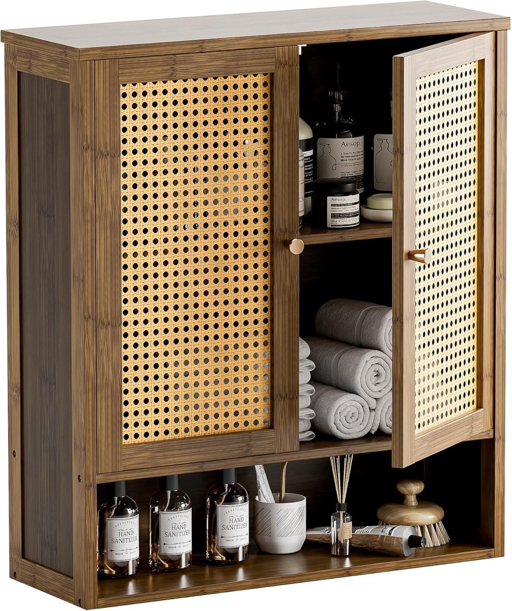 SnelShoppen - Rattan Badkamer Wandkast met Planken en Deuren, Bamboe Hangende Opberg Organizer voor Ruimtebesparing Boven Toilet, Walnoot Kleur