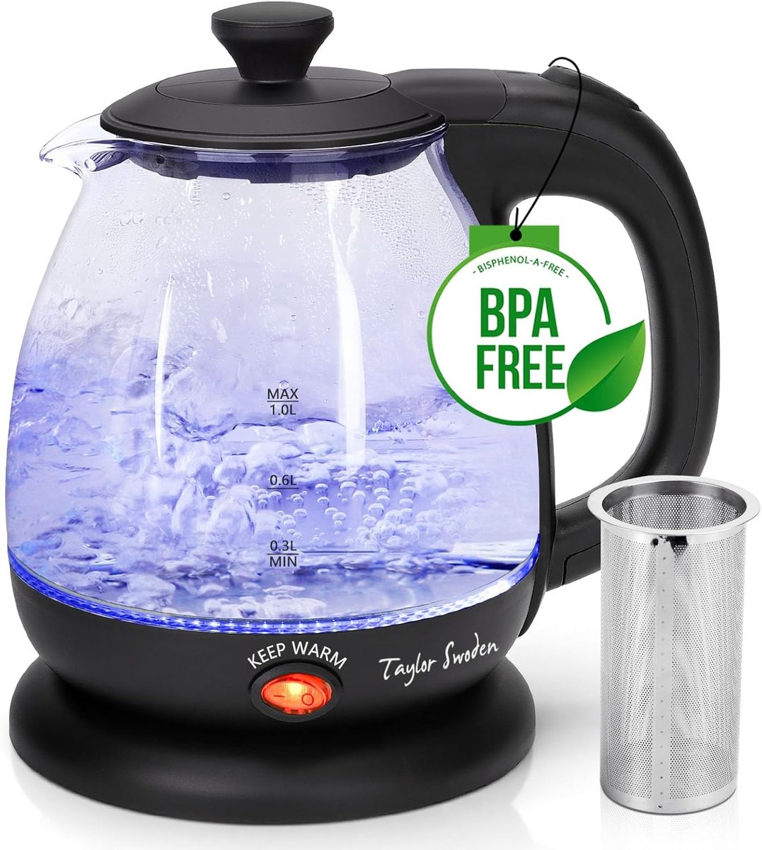 SnelShoppen - 1 Liter Glazen Waterkoker met LED, Warmhoudfunctie, Afneembare Theefilter, BPA Vrij voor Keuken, Kantoor en Reizen