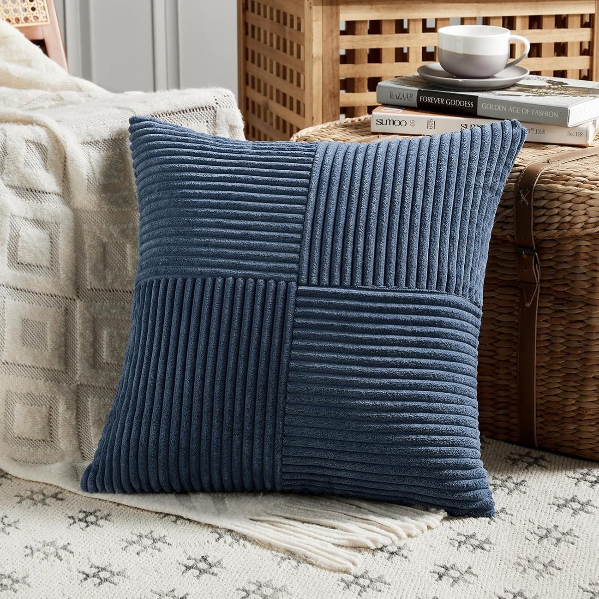 SnelShoppen - Decoratieve Denim Blauwe Kussenhoes 40x40cm - Zachte Corduroy Kussensloop - Boho Decoratie voor Sofa, Slaapkamer, Woonkamer, Balkon - 1