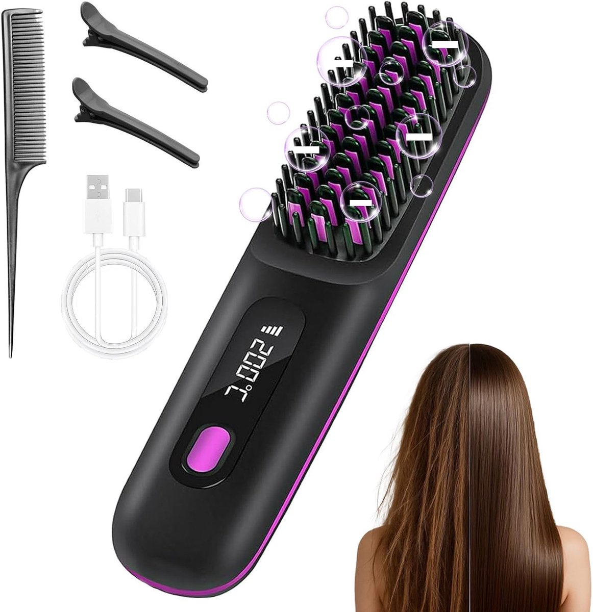 SnelShoppen - Draadloze Haarstijlborstel voor Korte Haar, Mini Reisborstel met Negatieve Ionen, 3 Temperatuurinstellingen, LCD Display, Perfect voor D