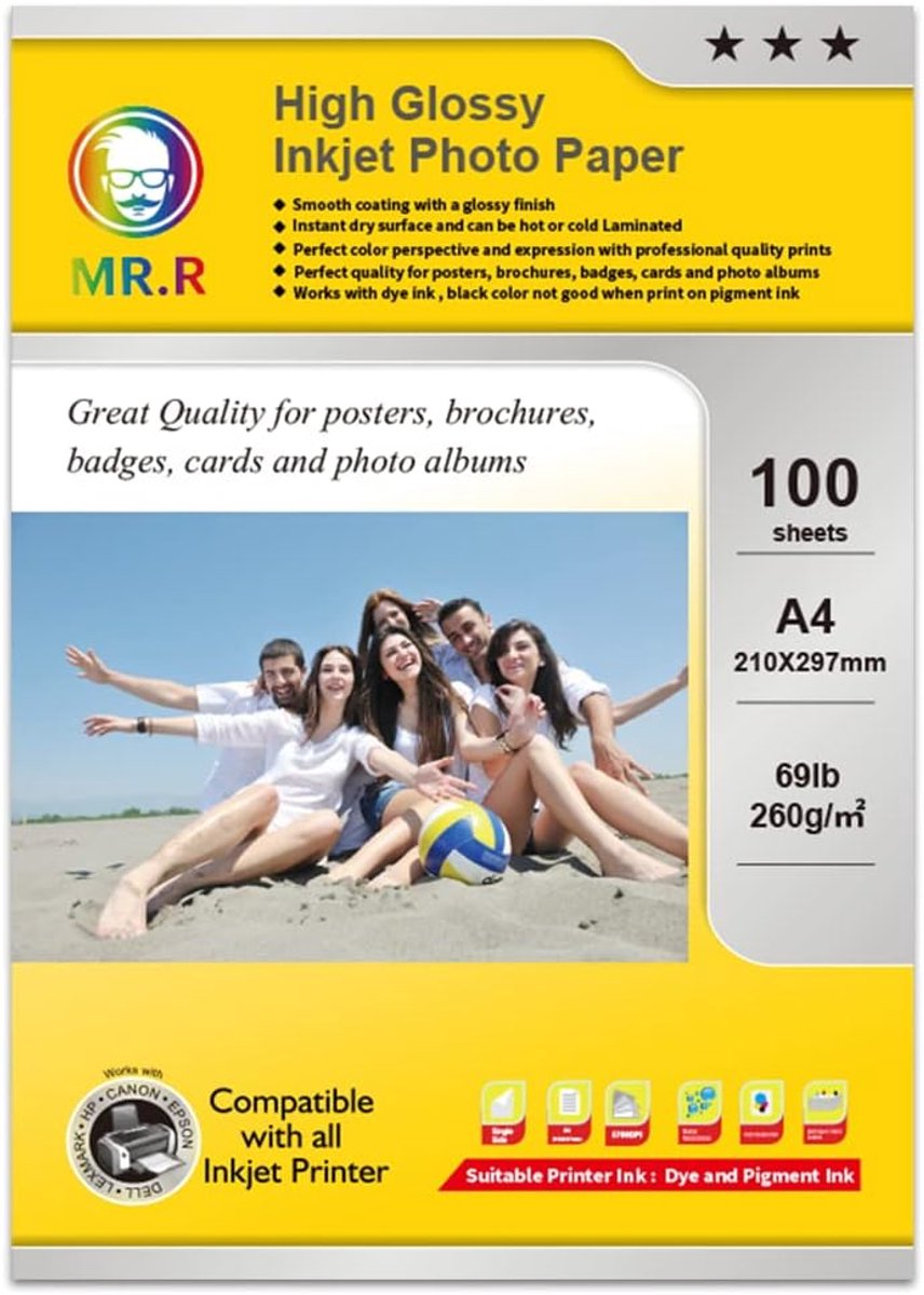 SnelShoppen - A4 Glossy Foto Papier 260gsm - 100 Vellen - Instant Dry Waterproof - Glanzend Wit - Voor Professionele Afdrukken, Posters, Presentaties,