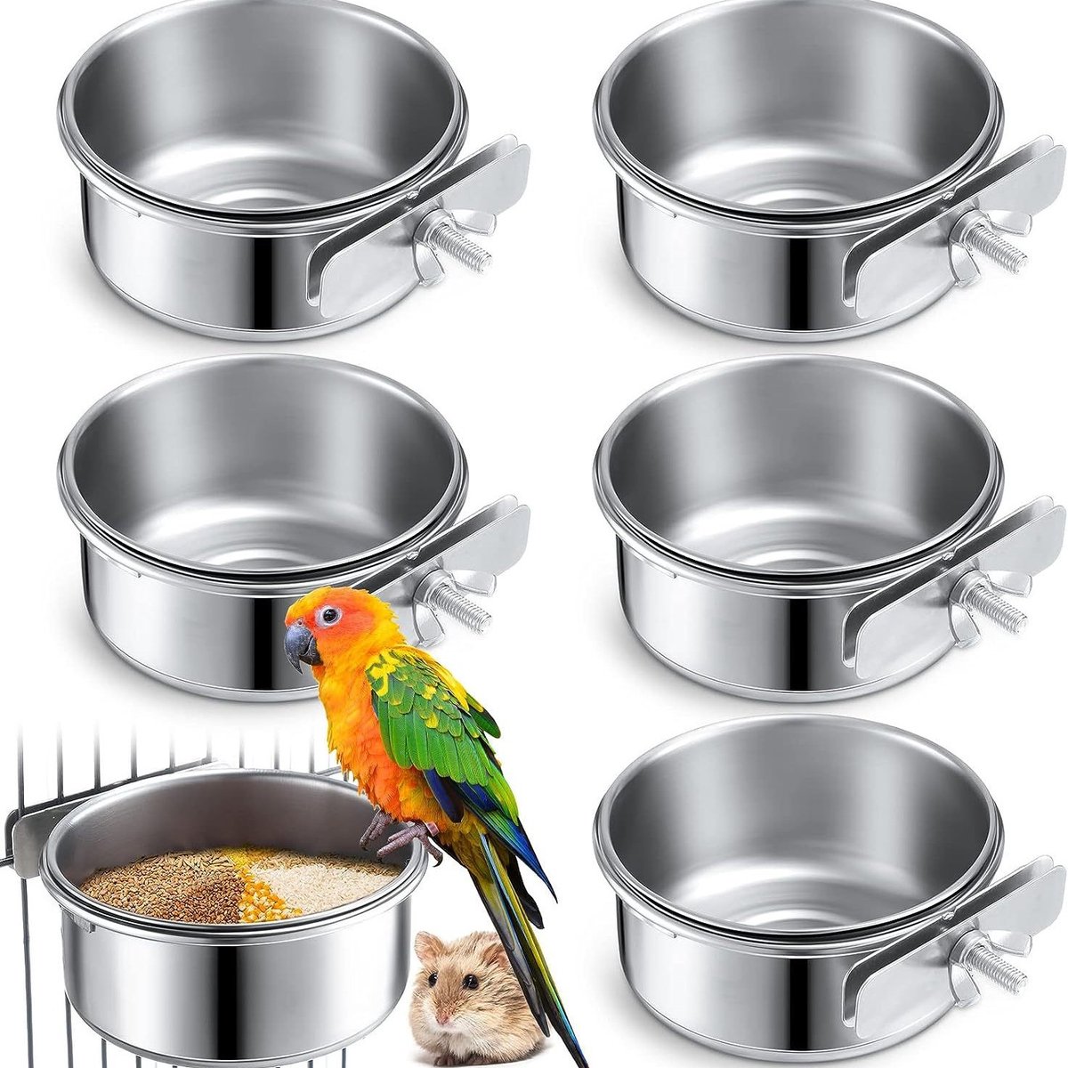 Set van 6 roestvrijstalen vogelvoerbakken 10 x 4,5 cm, eenvoudig op te hangen in de papegaaienkooi, duurzame voerbak voor vogels en huisdieren