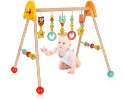 Houten speelboog met hangende dieren en kralen - kleurrijk activiteitencentrum 56 x 48 x 55,5 cm - grijpen, ontdekken en spelen - vanaf 36 maanden