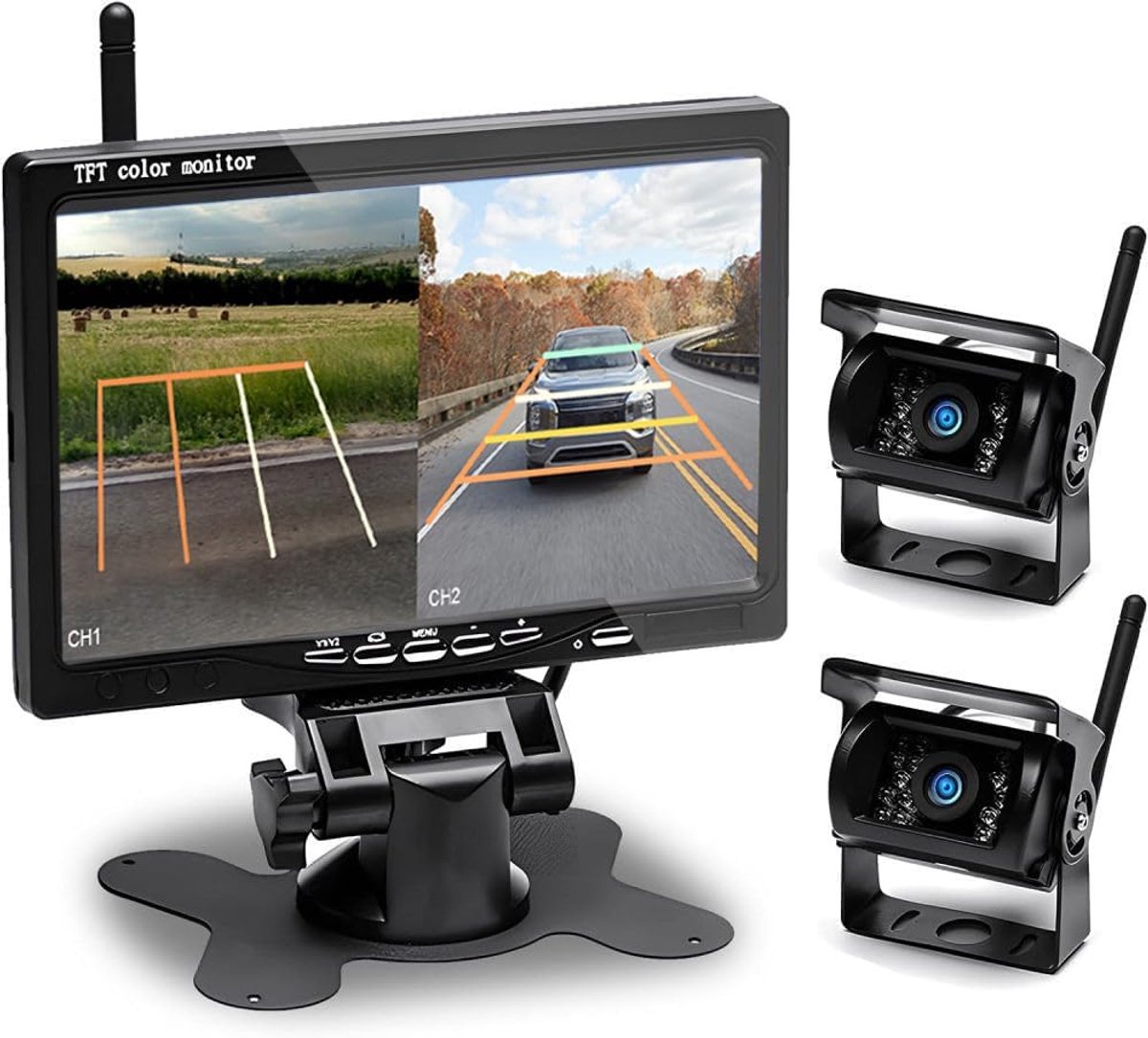 SnelShoppen - Draadloze Achteruitrijcamera Set met 7 Inch Monitor, Nachtzicht, Waterdicht IP68 voor Auto, SUV, RV, Vrachtwagen, Parkeerhulp, 2 Camera'