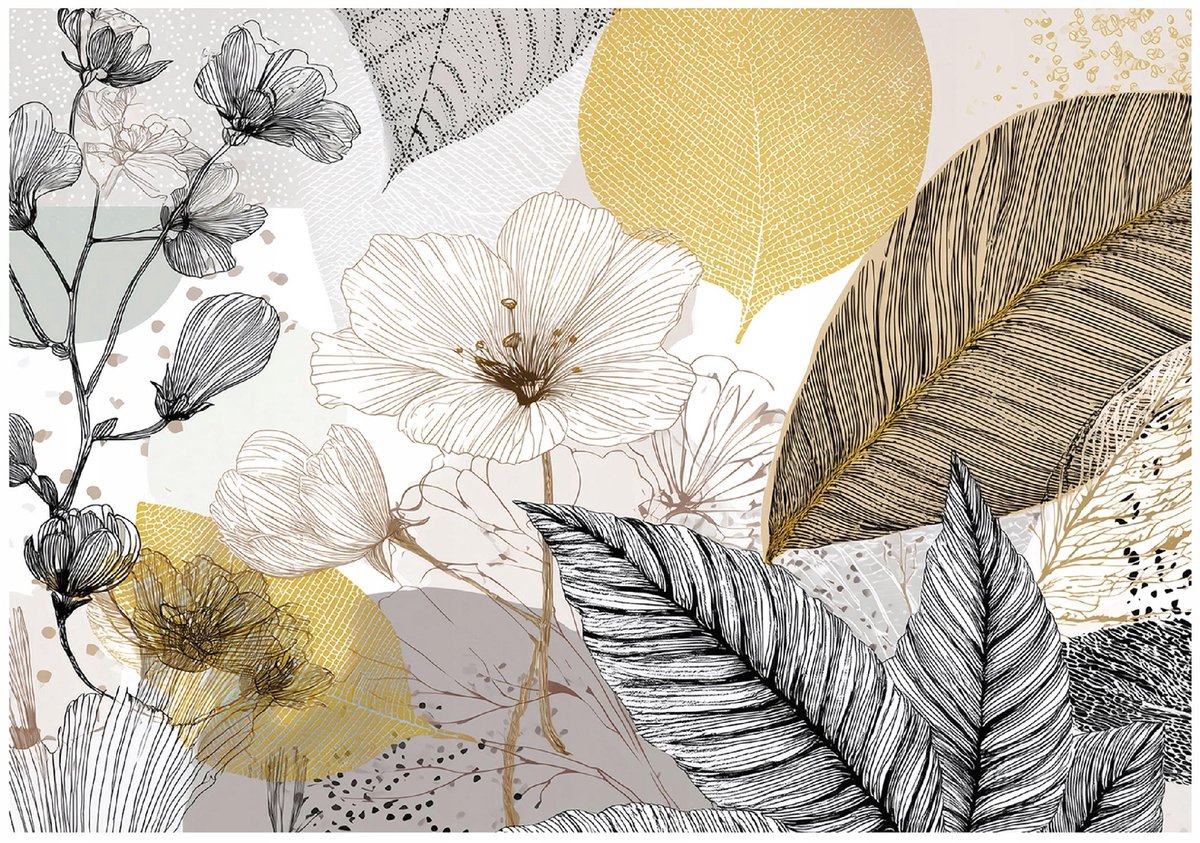 WALLARENA - Fotobehang - 200x140 cm - bloemen en bladeren in line art stijl voor woonkamer en slaapkamer