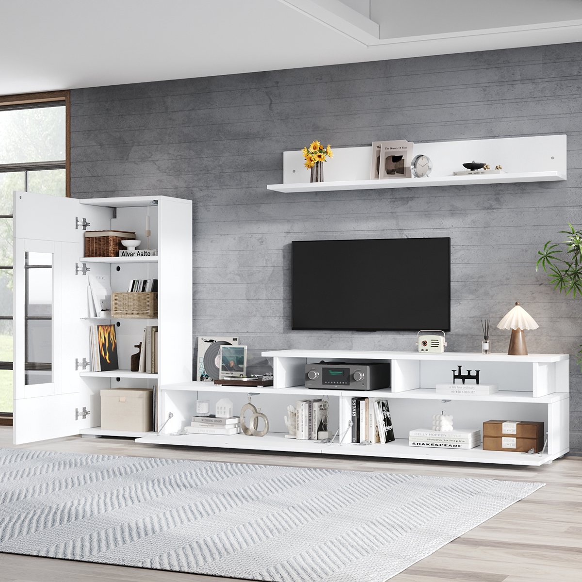 Wishdor - TV meubel set - 3-delige TV wand met vitrinekast en wandplank - modern design voor woonkamer - houtlook hoogglans front - wit - 170 x 35 x 120 cm
