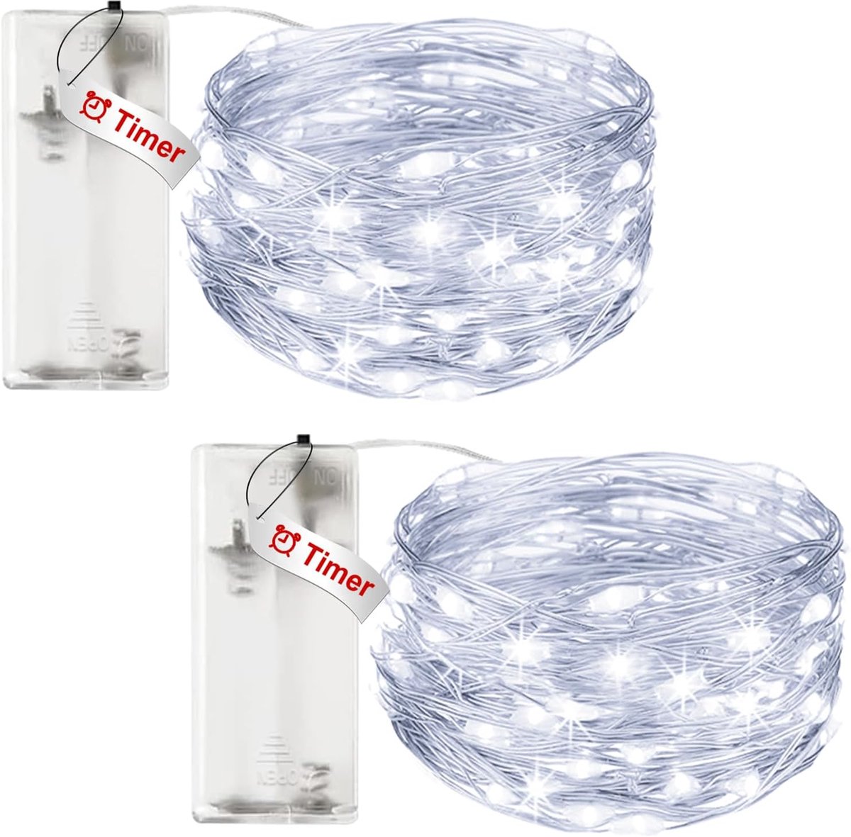 SnelShoppen - Pack van 2 Fairy Lights met Timer, 3M 30 LED Waterdichte Koperdraad Sfeerverlichting, Batterij Aangedreven voor Kerst, Bruiloft, Decorat