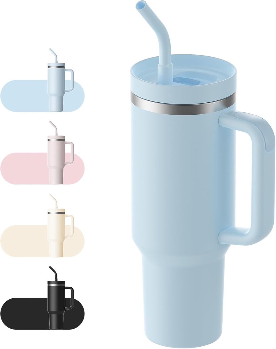 SnelShoppen - Thermosbeker met Rietje 1.2L - Dubbelwandig RVS Isolatie - Perfect voor Koud en Warm Drank - Blauw - Ideaal voor Camping, Reizen, Sport