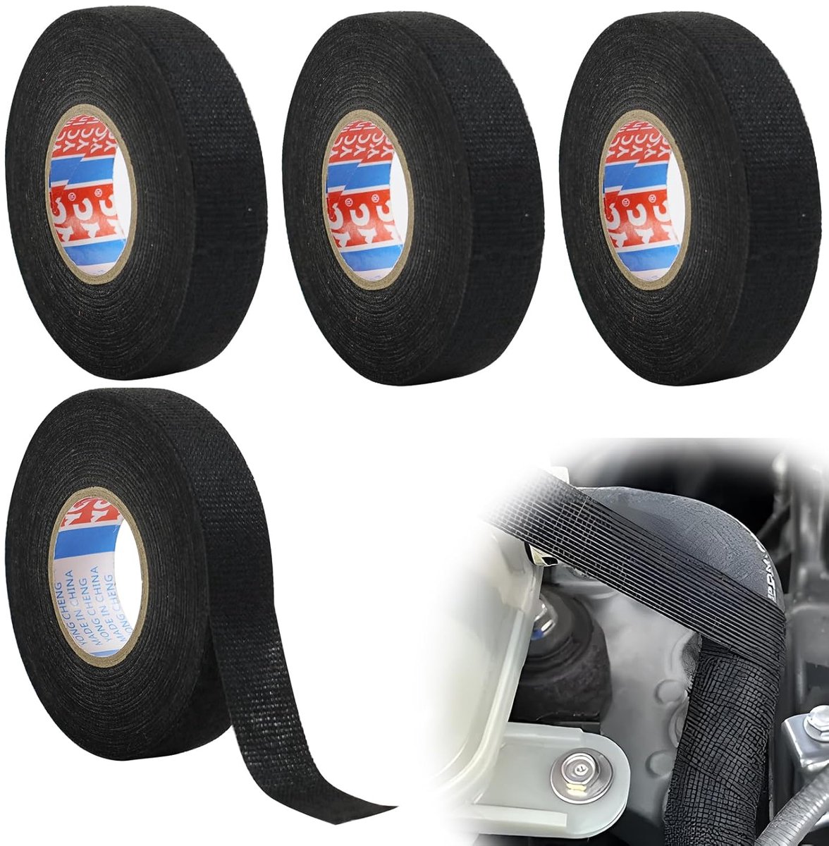 SnelShoppen - 4 Stuks Zwarte Isolatietape 19 mm x 25 m - Hoge Temperatuur Weerstand, Polyester Stoffen Tape voor Elektrische Bedrading, Corrosie- en O