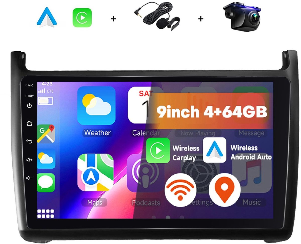 Boscer 2 Din Android 15 Autoradio - Geschikt voor Volkswagen Polo (2011-2016) - Draadloos Apple CarPlay & Android Auto - 4+64GB - 9 Inch HD Touchscreen - GPS Navigatie - WiFi, Bluetooth & USB - Achteruitrijcamera & Microfoon