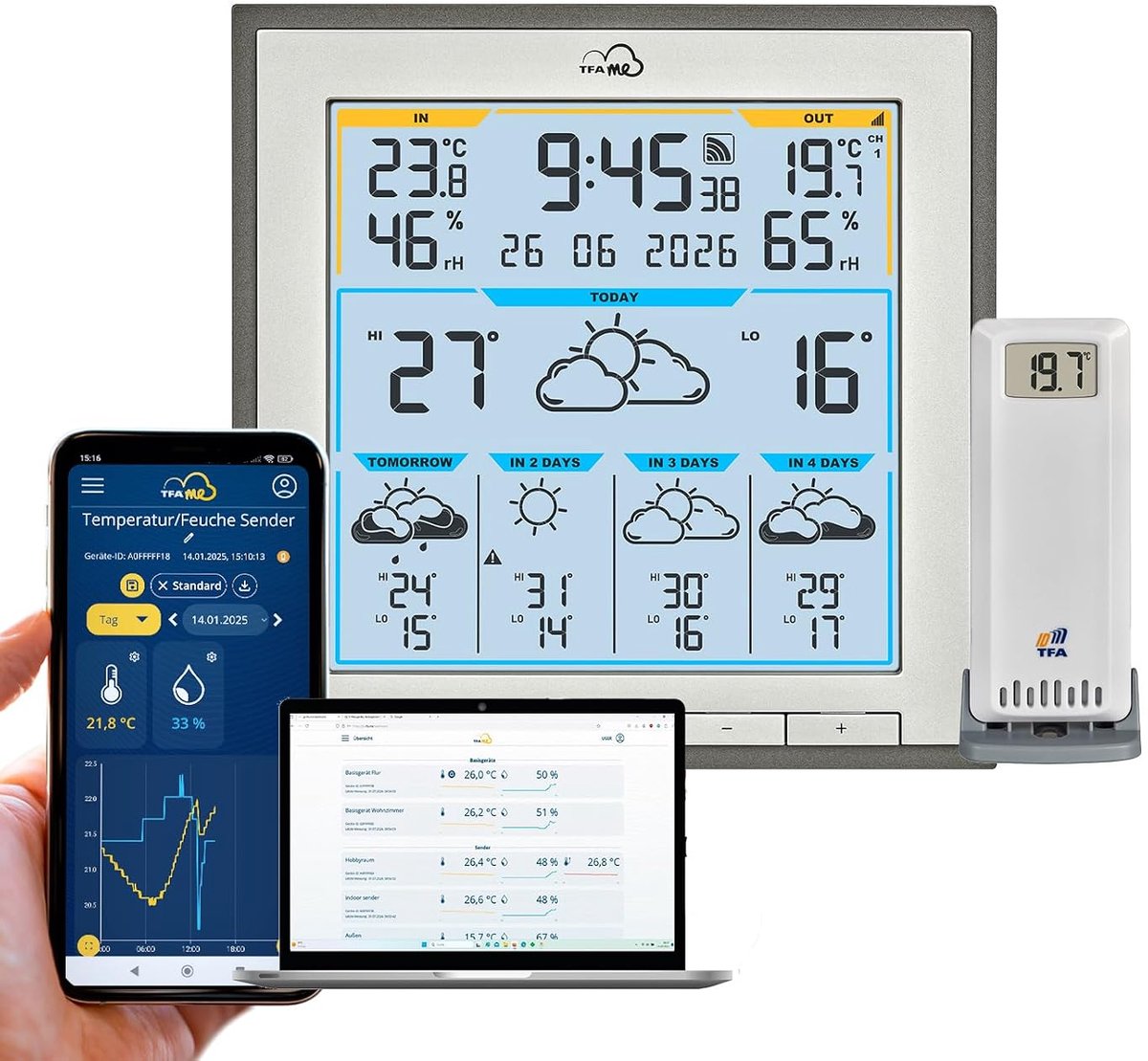 SnelShoppen - WLAN-weerstation met Draadloze Buitensensor - Professionele Weersvoorspelling - 5 Dagen Vooruit - Antraciet - Max.-Min. Waarden en Zonur