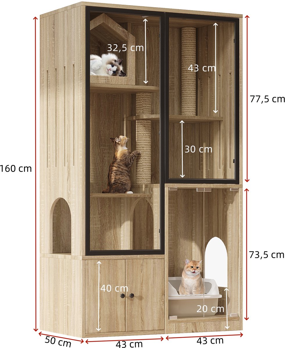 FloraGrace Kattenhuis – 90 x 50 x 160 cm – Met Glazen Deur En Krabpaal – Hout En Gehard Glas – Naturel – Meerlaags Dierenhuis Met Opbergruimte