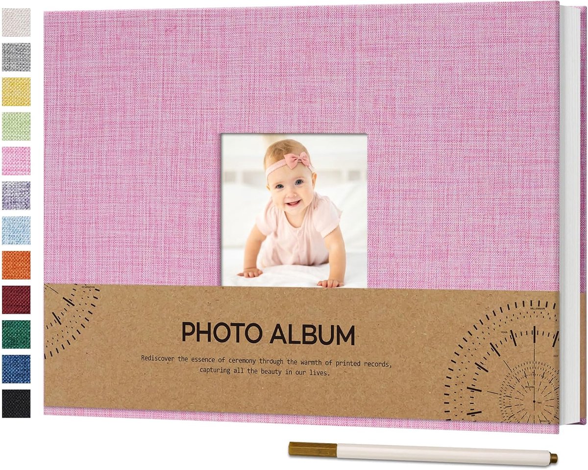 SnelShoppen - Zelfklevend Foto Album met Foto Venster voor 10 x 15 cm Foto's, Linnen Kaft, DIY Scrapbook met 60 Witte Pagina's, 21.5 x 30 cm, Roze - I