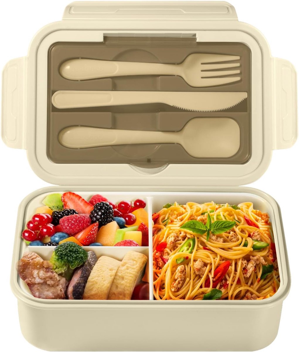 SnelShoppen - Lunch Box 1400 ml met Bestek, 3 Compartimenten, Luchtdichte Bento Box voor Kinderen en Volwassenen, Perfect voor Werk, School, Picknick,