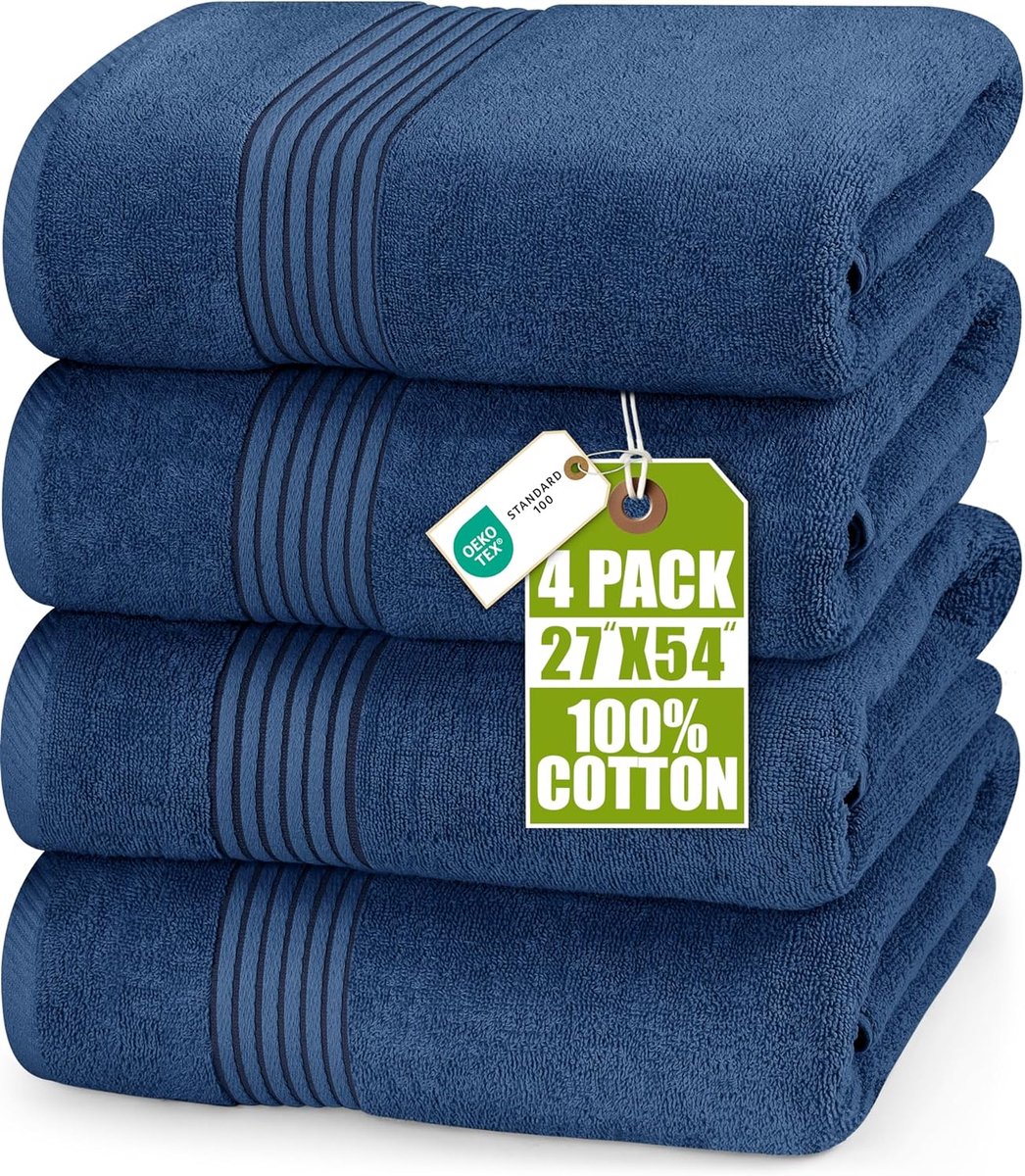 SnelShoppen - Luxe Badhanddoeken Set van 4, 100% Ringen-Gespannen Katoen, Sneldrogend, Hoog Absorberend, Zacht, 69 x 137 cm, Navy Blauw, Perfect voor