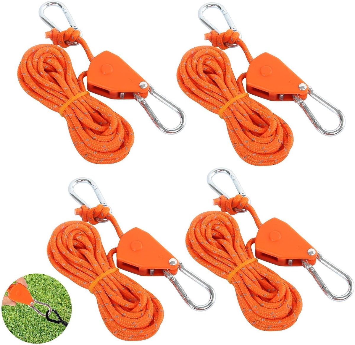 SnelShoppen - Set van 4 Reflecterende Touwspanningssystemen, 4 Meter, Lichtgewicht Tentkabels met Haak, Ideaal voor Camping, Tuin en Awnings, Oranje