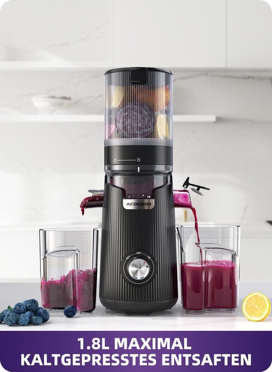 SnelShoppen - Slow Juicer voor Hele Fruit en Groenten, 135 mm Voeropening, 1.8 L Inhoud, Eenvoudig Schoon te Maken, Elektrische Juicer Zwart met 2 Gla van Snelshoppen — afbeelding 2