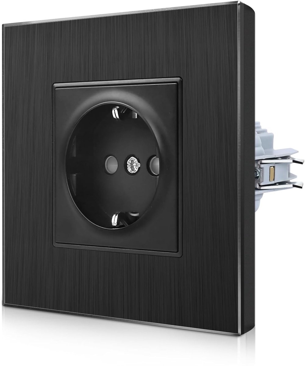 SnelShoppen - Aluminium Schuko Wandcontactdoos met Klemmen - Zwart Flush-Montage - Beschermde Stopcontact met Aluminium Frame - 1 Compartment - 86x86m
